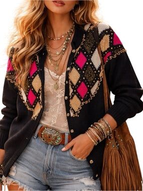 Vintage Franco Valeri Black Multi Textured Studded Argyle Cardigan Sweater Small